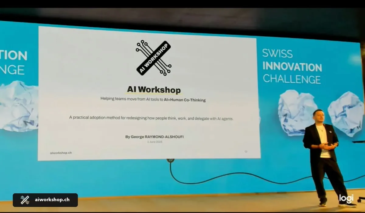 George Raymond-Alshoufi präsentiert AI Workshop Switzerland auf der Bühne beim Swiss Innovation Challenge 2026 Pitch