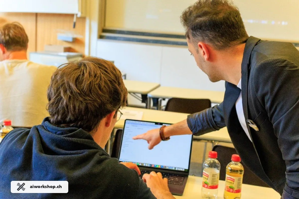 George Raymond-Alshoufi mentoring a student on finance AI agent design during the Lausanne workshop