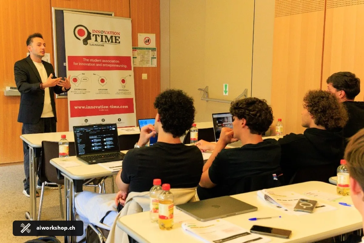 Innovation Time Lausanne agentic AI workshop, George Raymond-Alshoufi facilitating a university classroom session at UNIL
