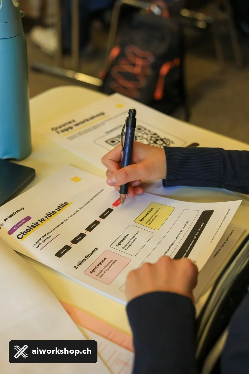 Une participante complète une fiche de workflow finance pendant une session AI Workshop à l’UNIL à Lausanne