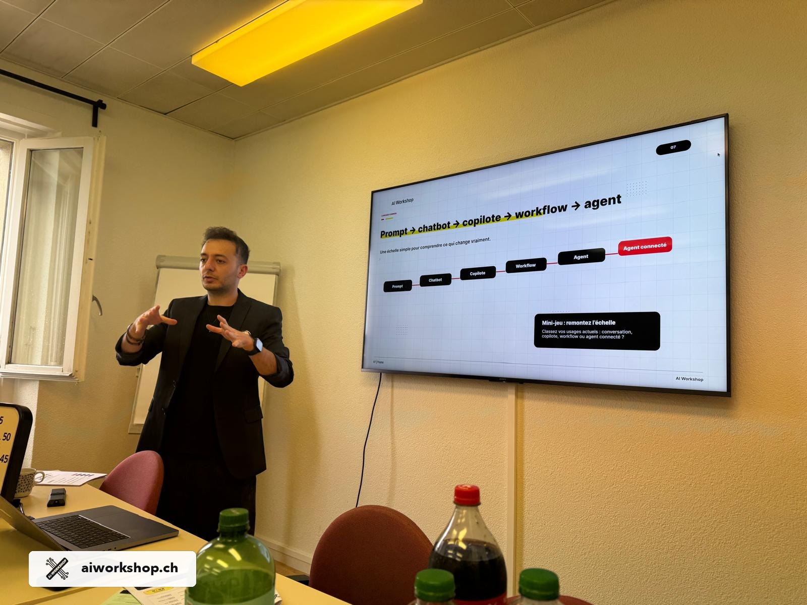 AI Workshop facilitator explaining the ladder from prompt to connected agent in Lausanne